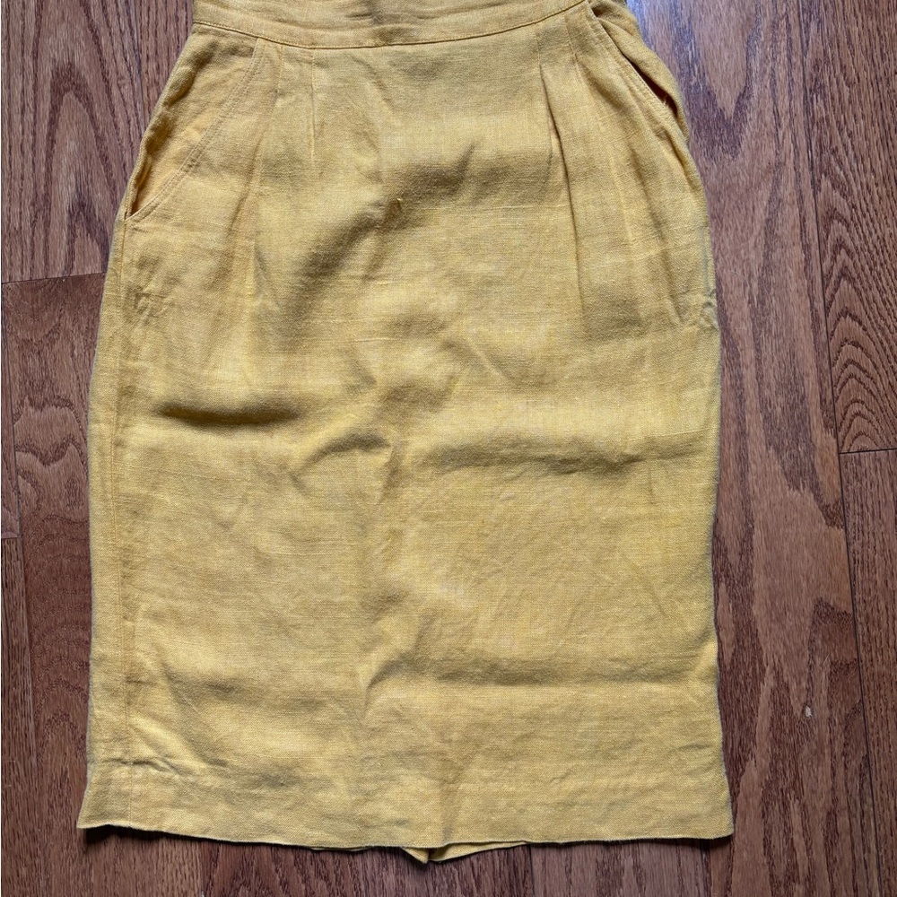 Vintage Yellow Linen Pleated Pencil Skirt Knee-Length
